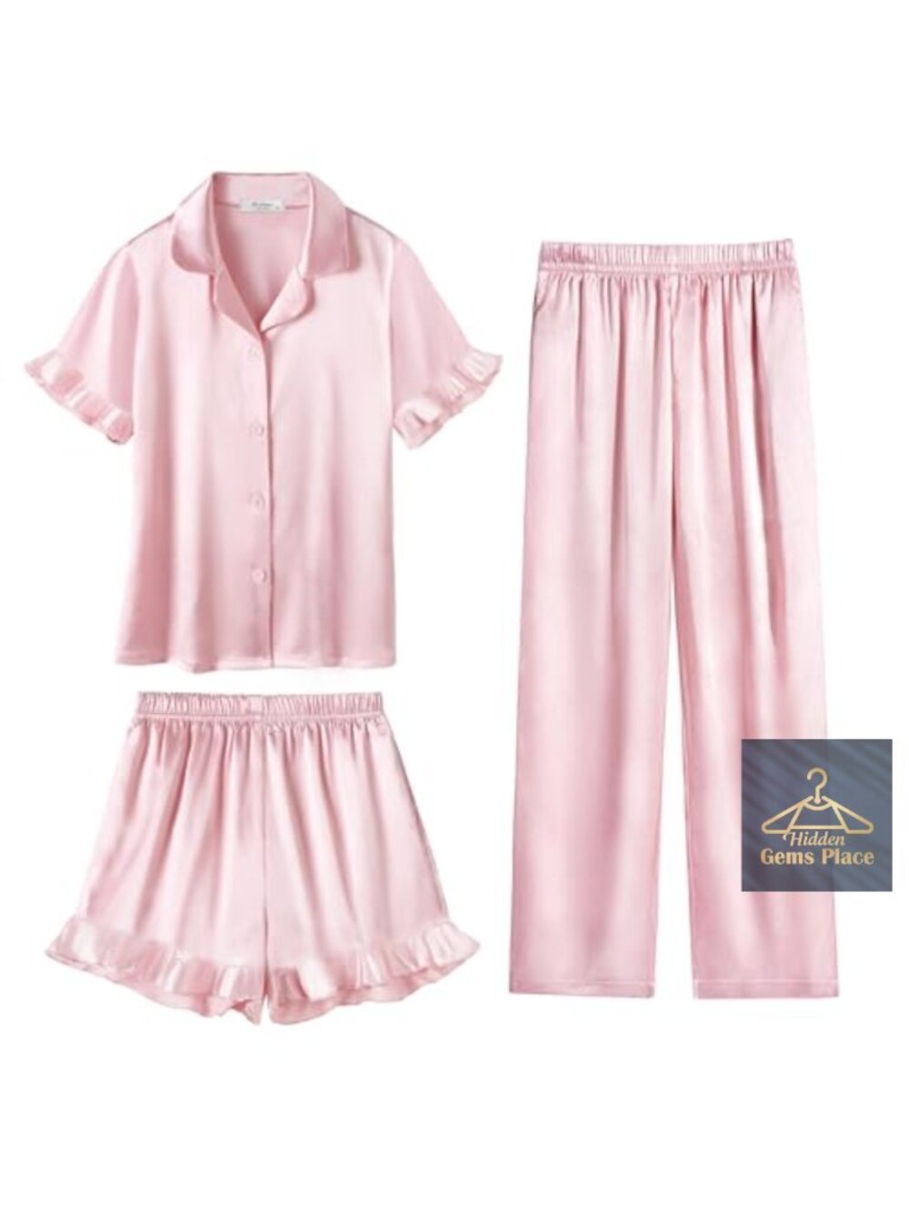 Girls Satin 3 Piece Pajama Set Ruffled Short Sleeve Sleepwear